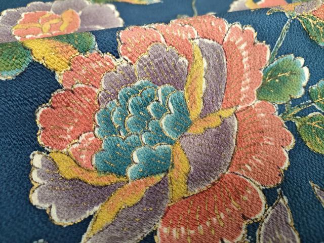 平和屋着物●九寸名古屋帯　手描き　更紗花文　鬼しぼ縮緬　金彩　正絹　逸品　DABB4847ps