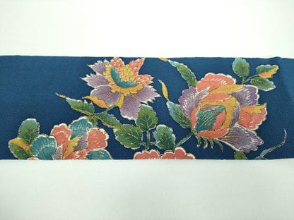 平和屋着物●九寸名古屋帯　手描き　更紗花文　鬼しぼ縮緬　金彩　正絹　逸品　DABB4847ps
