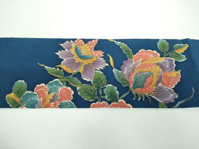 平和屋着物●九寸名古屋帯　手描き　更紗花文　鬼しぼ縮緬　金彩　正絹　逸品　DABB4847ps