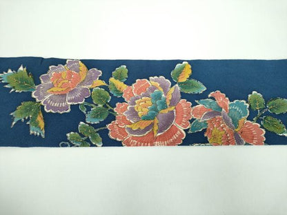 平和屋着物●九寸名古屋帯　手描き　更紗花文　鬼しぼ縮緬　金彩　正絹　逸品　DABB4847ps