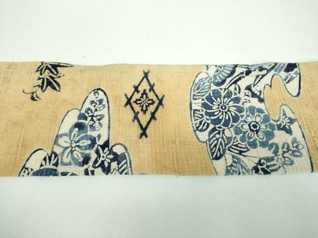 平和屋着物●九寸名古屋帯　紬地　型染　藍　霞花文　正絹　逸品　DABB4852ps