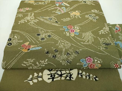 平和屋着物●全通柄九寸名古屋帯　草木染　型染　鳥獣花文　鬼しぼ縮緬　正絹　逸品　DABB4866ps