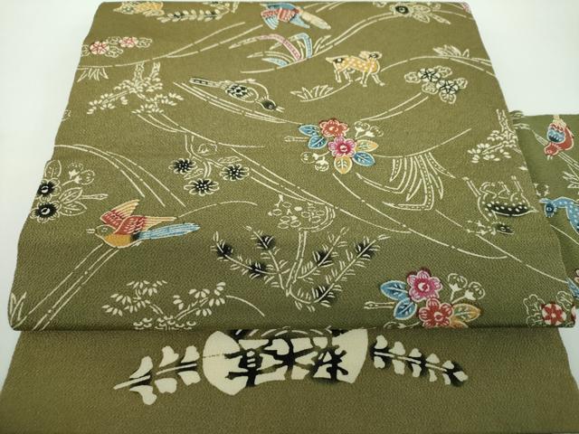 平和屋着物●全通柄九寸名古屋帯　草木染　型染　鳥獣花文　鬼しぼ縮緬　正絹　逸品　DABB4866ps