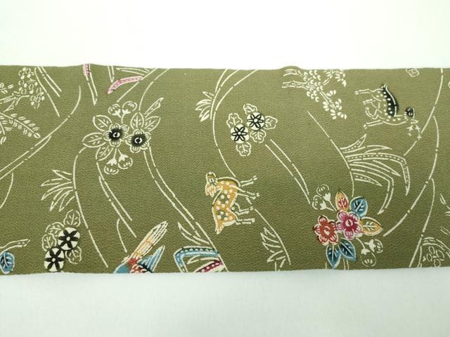 平和屋着物●全通柄九寸名古屋帯　草木染　型染　鳥獣花文　鬼しぼ縮緬　正絹　逸品　DABB4866ps