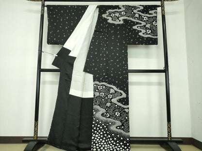 平和屋着物●訪問着　総絞り　竜田川花文　黒地　正絹　逸品　DABB4876ps