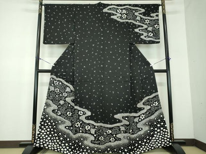 平和屋着物●訪問着　総絞り　竜田川花文　黒地　正絹　逸品　DABB4876ps