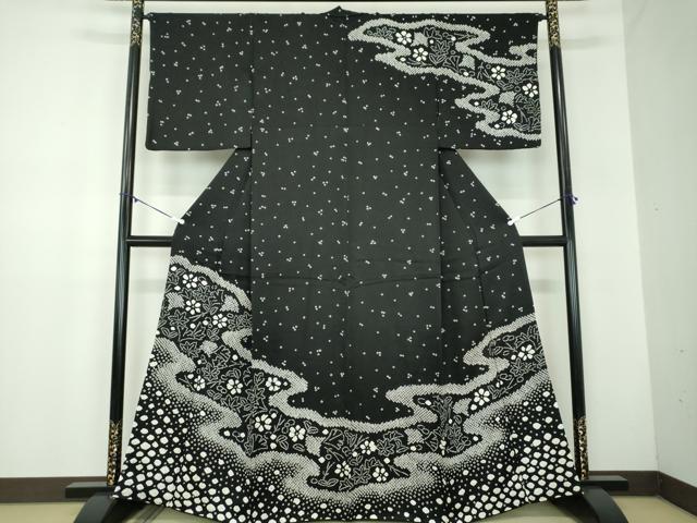 平和屋着物●訪問着　総絞り　竜田川花文　黒地　正絹　逸品　DABB4876ps