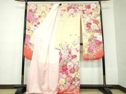 平和屋着物●豪華振袖　枝垂れ桜　花手毬　暈し染め　金銀彩　銀通し地　正絹　逸品　DABB4888ps