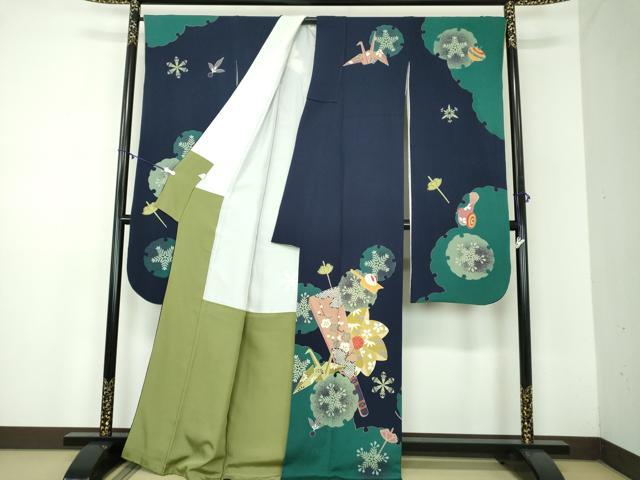 平和屋着物●豪華振袖　雪輪折り鶴花文　雪兎　羽子板　鬼しぼ縮緬　正絹　逸品　DABB4897ps