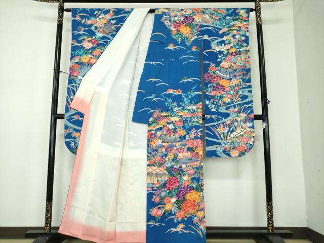 平和屋着物●豪華振袖　型染　渡橋風景花文　鬼しぼ縮緬　正絹　逸品　DABB4898ps