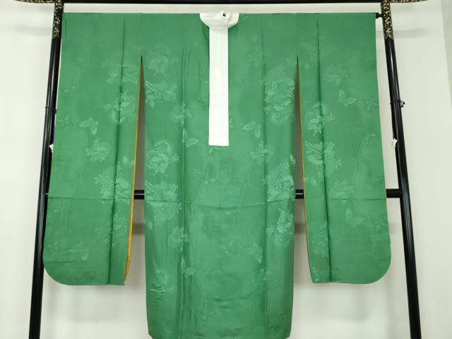 平和屋着物●振袖用長襦袢　無双仕立て　半衿刺繍　雪輪舞蝶花地紋　緑青色 　正絹　逸品　DABB4907ps