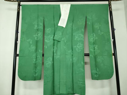 平和屋着物●振袖用長襦袢　無双仕立て　半衿刺繍　雪輪舞蝶花地紋　緑青色 　正絹　逸品　DABB4907ps