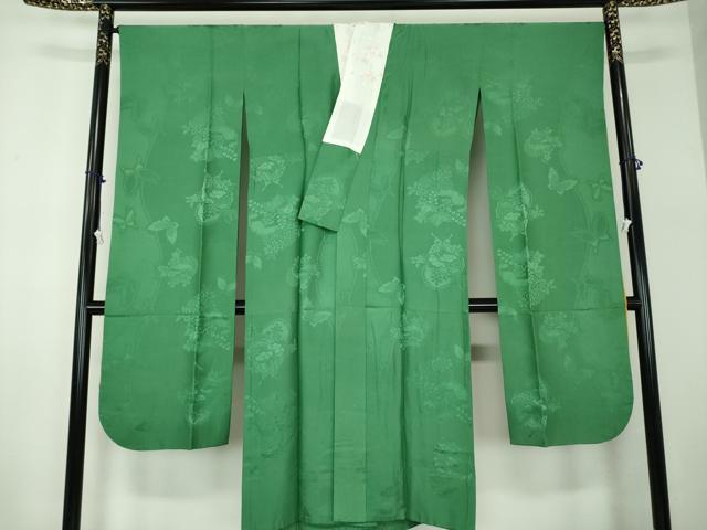 平和屋着物●振袖用長襦袢　無双仕立て　半衿刺繍　雪輪舞蝶花地紋　緑青色 　正絹　逸品　DABB4907ps