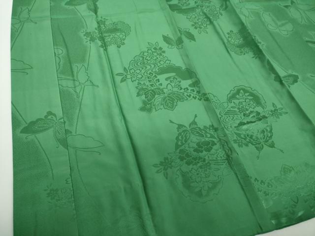 平和屋着物●振袖用長襦袢　無双仕立て　半衿刺繍　雪輪舞蝶花地紋　緑青色 　正絹　逸品　DABB4907ps