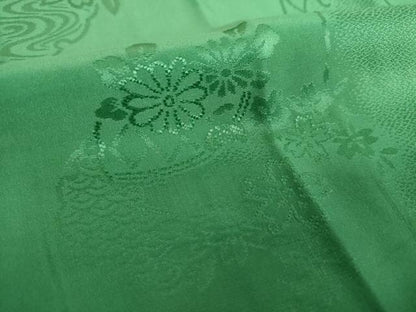 平和屋着物●振袖用長襦袢　無双仕立て　半衿刺繍　雪輪舞蝶花地紋　緑青色 　正絹　逸品　DABB4907ps