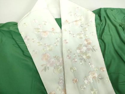平和屋着物●振袖用長襦袢　無双仕立て　半衿刺繍　雪輪舞蝶花地紋　緑青色 　正絹　逸品　DABB4907ps
