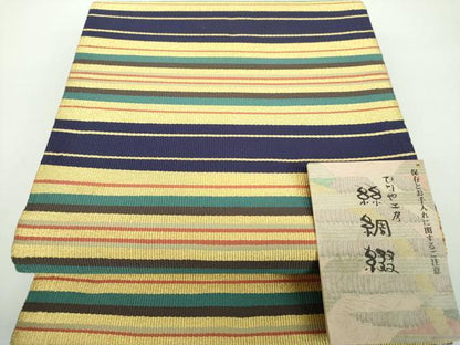 平和屋着物●ひなや工房　くむ・あむ・おる　伊豆蔵明彦　全通柄袋帯　絲綢綴　横段花文　金糸　証紙付き　正絹　逸品　未使用　DABB4921ps
