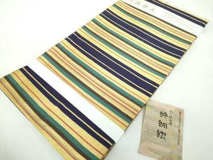 平和屋着物●ひなや工房　くむ・あむ・おる　伊豆蔵明彦　全通柄袋帯　絲綢綴　横段花文　金糸　証紙付き　正絹　逸品　未使用　DABB4921ps