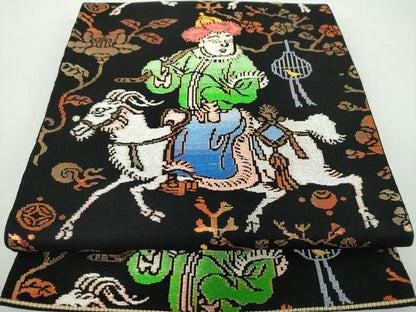 平和屋着物●六通柄　本袋帯　龍村平蔵柄　人形手錦　黒地　金銀糸　正絹　逸品　DABB4926ps