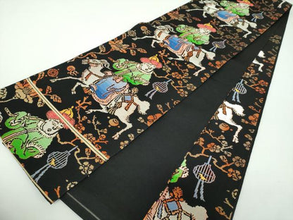 平和屋着物●六通柄　本袋帯　龍村平蔵柄　人形手錦　黒地　金銀糸　正絹　逸品　DABB4926ps