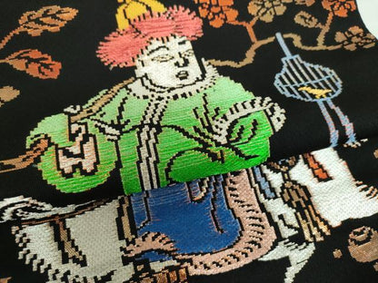 平和屋着物●六通柄　本袋帯　龍村平蔵柄　人形手錦　黒地　金銀糸　正絹　逸品　DABB4926ps