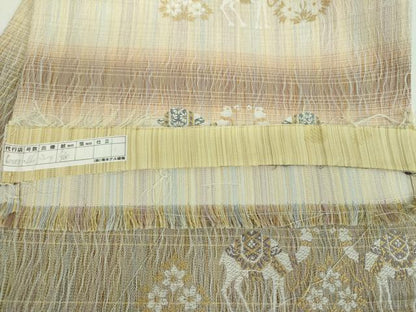 平和屋着物▽西陣 橋本テル織物謹製 六通柄袋帯 スリーシーズン 春夏秋 櫛織り バンブー織 ラクダ 金糸 反端付き 正絹 逸品 DABB4943ps