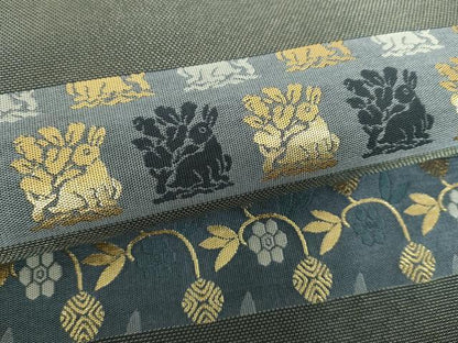 平和屋着物●両面　六通柄袋帯　名物裂花文　花兎　笹蔓緞子　金糸　正絹　逸品　未使用　DABB4945ps