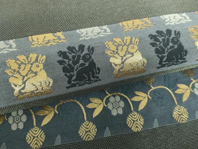 平和屋着物●両面　六通柄袋帯　名物裂花文　花兎　笹蔓緞子　金糸　正絹　逸品　未使用　DABB4945ps