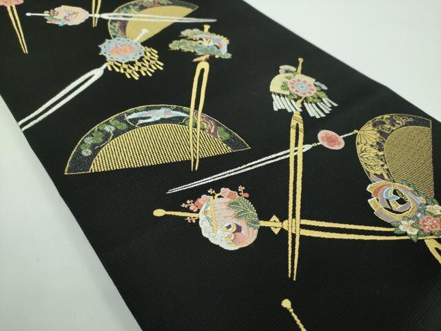 平和屋着物●西陣の老舗　1782年創業　山下織物　六通柄袋帯　唐織　若采集　黒地　金銀糸　正絹　逸品　DABB4951ps