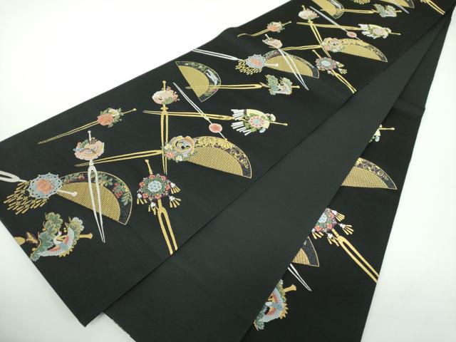 平和屋着物●西陣の老舗　1782年創業　山下織物　六通柄袋帯　唐織　若采集　黒地　金銀糸　正絹　逸品　DABB4951ps