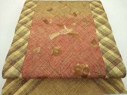 平和屋着物●ひなや工房　くむ・あむ・おる　伊豆蔵明彦　太鼓柄袋帯　刺繍　更紗花鳥文　金糸　正絹　逸品　DABB4984ps