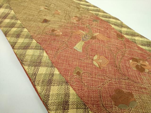 平和屋着物●ひなや工房　くむ・あむ・おる　伊豆蔵明彦　太鼓柄袋帯　刺繍　更紗花鳥文　金糸　正絹　逸品　DABB4984ps