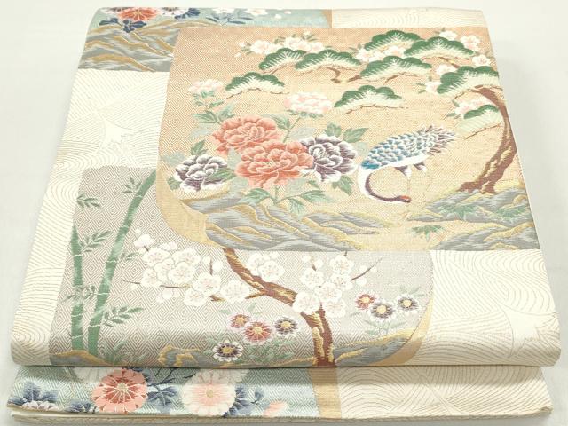 平和屋着物◎六通柄袋帯　唐織　色紙花鳥文　和紙箔　金銀糸　正絹　逸品　DABB5038qa