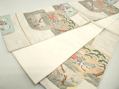 平和屋着物◎六通柄袋帯　唐織　色紙花鳥文　和紙箔　金銀糸　正絹　逸品　DABB5038qa