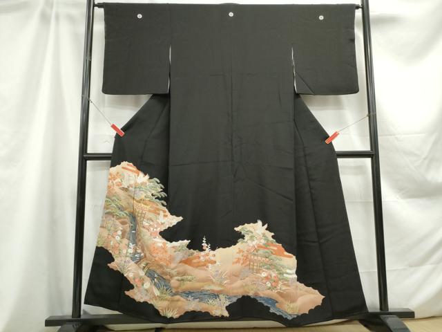 平和屋着物■豪華黒留袖　駒刺繍　渡橋飛鶴風景文　金彩　正絹　逸品　DABB5067qa
