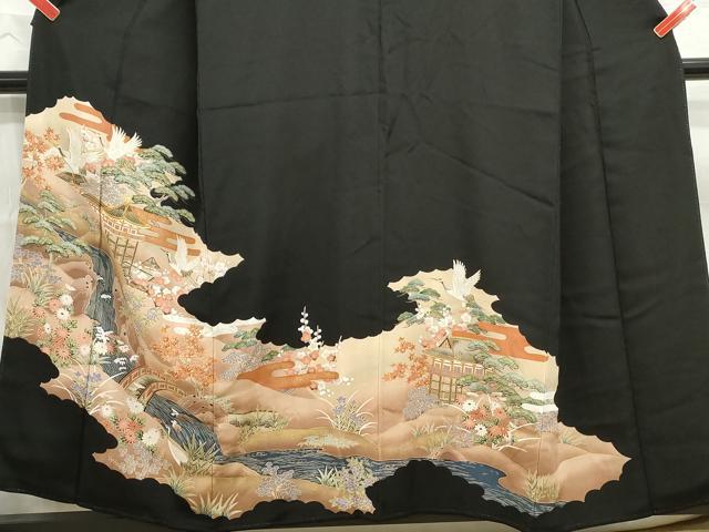 平和屋着物■豪華黒留袖　駒刺繍　渡橋飛鶴風景文　金彩　正絹　逸品　DABB5067qa