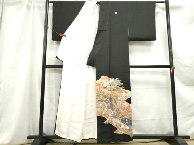 平和屋着物■豪華黒留袖　駒刺繍　渡橋飛鶴風景文　金彩　正絹　逸品　DABB5067qa