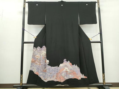 平和屋着物■豪華黒留袖　駒刺繍　立波風景文　金彩　正絹　逸品　DABB5098qa