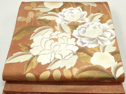 平和屋着物◎太鼓柄袋帯　駒刺繍　草花文　金銀彩　正絹　逸品　DABB5133qa