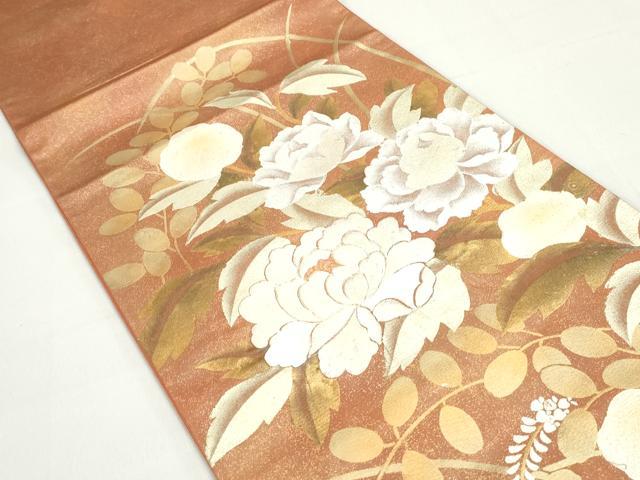 平和屋着物◎太鼓柄袋帯　駒刺繍　草花文　金銀彩　正絹　逸品　DABB5133qa