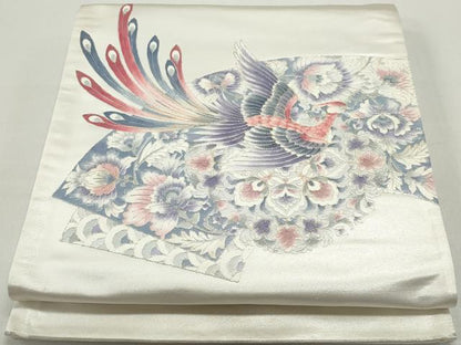 平和屋着物◎太鼓柄袋帯　駒刺繍　地紙更紗鳳凰花文　正絹　逸品　DABB5157qa