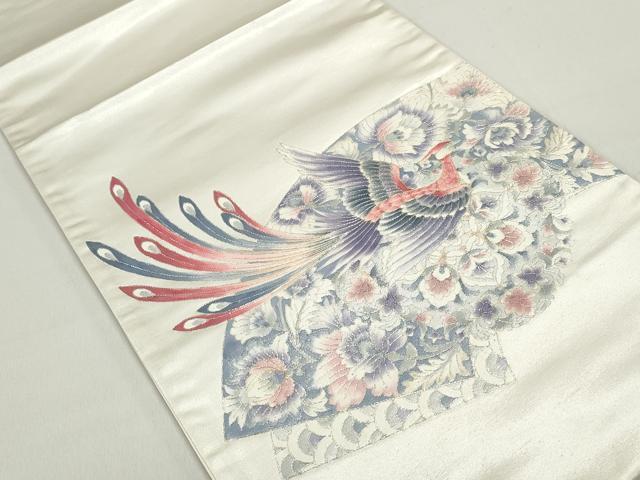 平和屋着物◎太鼓柄袋帯　駒刺繍　地紙更紗鳳凰花文　正絹　逸品　DABB5157qa