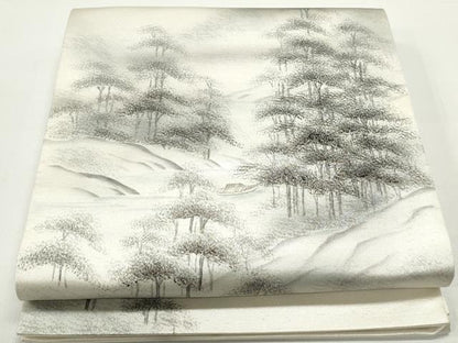 平和屋着物◎太鼓柄袋帯　作家物　手描き　風景樹林文　銀糸　正絹　逸品　DABB5178qa