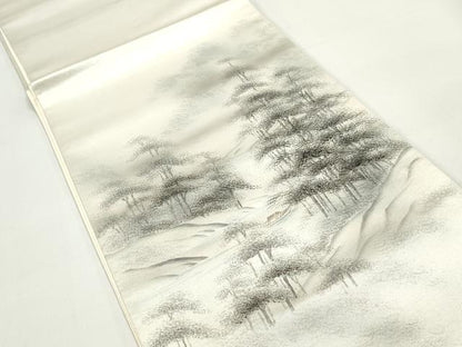 平和屋着物◎太鼓柄袋帯　作家物　手描き　風景樹林文　銀糸　正絹　逸品　DABB5178qa