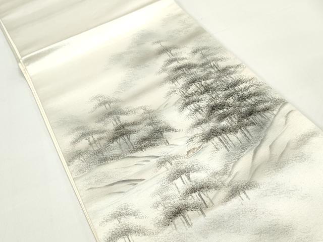 平和屋着物◎太鼓柄袋帯　作家物　手描き　風景樹林文　銀糸　正絹　逸品　DABB5178qa