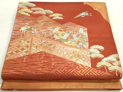 平和屋着物◎太鼓柄袋帯 唐織 飛鶴枝松文 金糸 三越扱い 正絹 逸品 DABB5218qa