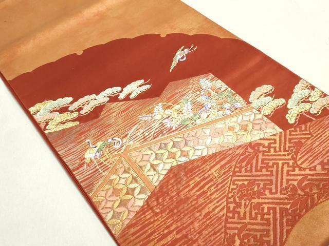 平和屋着物◎太鼓柄袋帯 唐織 飛鶴枝松文 金糸 三越扱い 正絹 逸品 DABB5218qa