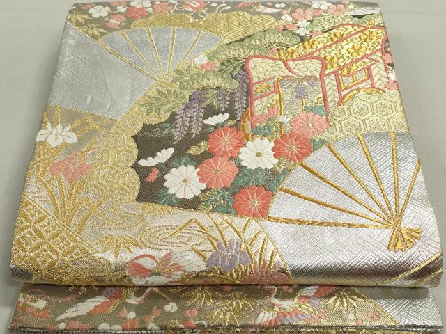 平和屋着物◎慶長佐賀錦 六通柄袋帯 唐織 扇面鴛鴦花文 金銀糸 正絹 逸品 DABB5226qa