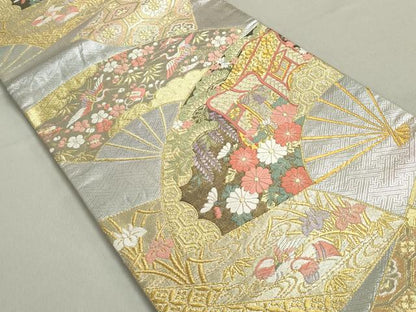 平和屋着物◎慶長佐賀錦 六通柄袋帯 唐織 扇面鴛鴦花文 金銀糸 正絹 逸品 DABB5226qa