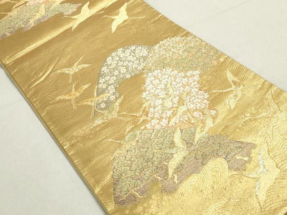 平和屋着物◎六通柄袋帯　枝松群鶴文　金糸　正絹　逸品　DABB5232qa